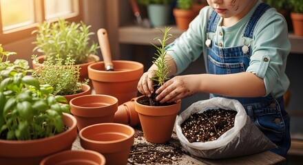 Young Child Planting Herbs in Terracotta Pots, Sunlight.