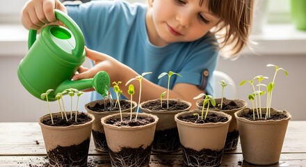 Young Child Watering Seedlings in Small Pots, Gardening Activity.