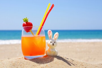 Tropical Cocktail with Bunny on Sandy Beach - Summer Vacation Concept
