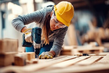 A woman wearing protective gear operates a power drill, screwing into wooden planks. Focus on detail, construction & hands-on skill. Soft light setting