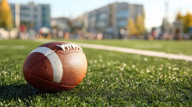 Commercial high-resolution photo of american football on kiciking tee at feild center.