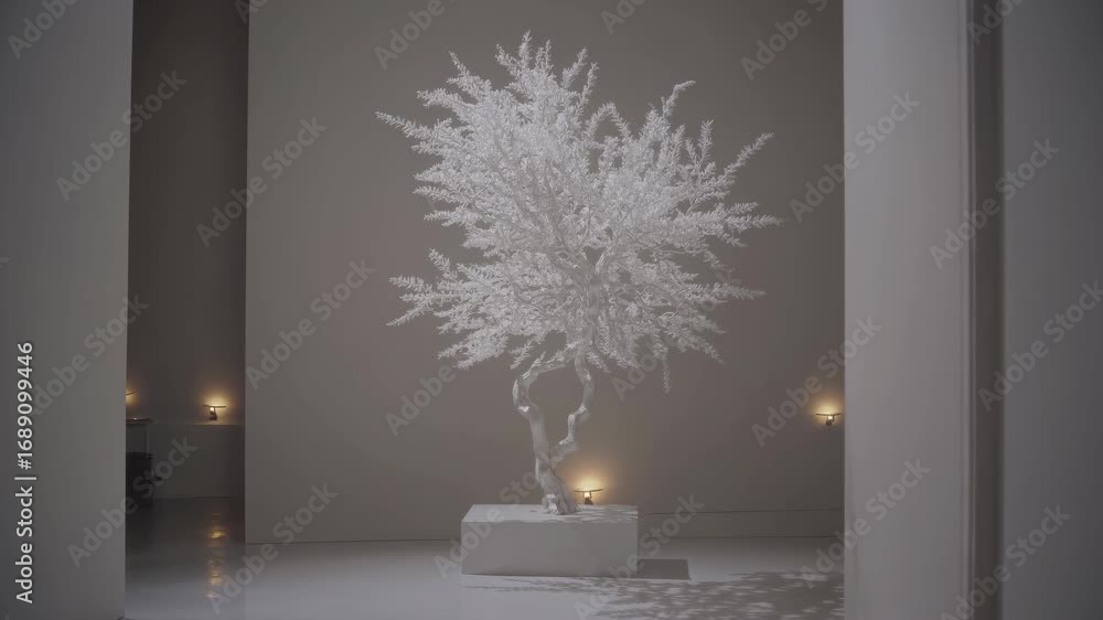Aufkleber a white sculptured tree stands elegantly in a minimalistic gallery setting, evoking a sense of calm 