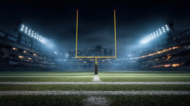 Commercial high-resolution photo of american football on the field at night with goal post and stadium lights in the background view at gorund level.