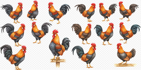 A collection of beautifully illustrated roosters with colorful orange and black feathers in various standing poses. © studio