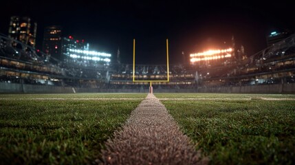 Commercial high-resolution photo of american football on the field at night with goal post and stadium lights in the background view at ground level.