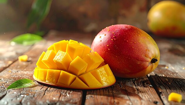 Close-up of a sliced mango with a geometric cut pattern, next to a whole mango, on a rustic wooden surface with scattered sugar.