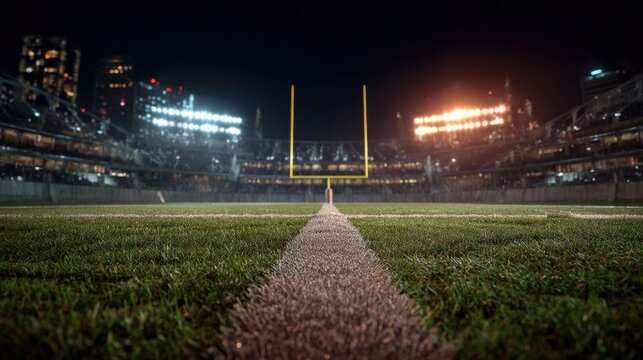 Commercial high-resolution photo of american football on the field at night with goal post and stadium lights in the background view at ground level.