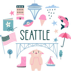 Seattle city landmark and culture element vector illustration
