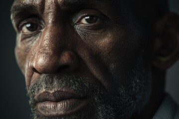 Obraz premium An elderly African man, generative ai illustration. Detailed portrait showing wrinkles, aged skin texture, gray hair, and natural facial expression.