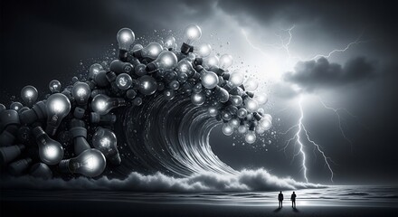 Powerful wave of ideas crashing on the shore under a stormy sky, inspiring innovation and creativity