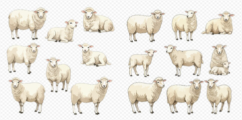 A charming collection of illustrated sheep and lambs in various poses, including standing, sitting, and a ewe with her young.