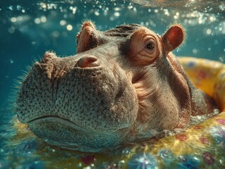 Fototapeta premium Hippo enjoying a colorful float in a serene water setting during a sunny day