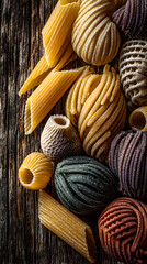 Assortment of colorful dried pasta on a wooden surface.