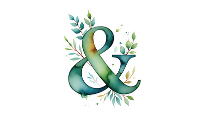 Elegant watercolor ampersand with botanical green leaves, a beautiful vector illustration design element