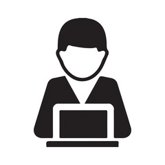 Black and White Icon of Person Using Laptop Computer