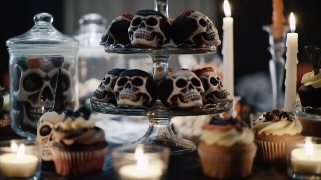 Spooky Halloween treats and decorations, including skull-shaped cookies and frosted cupcakes, are arranged on a tiered stand, perfect for a festive party