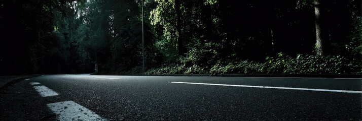 A dark, shadowy road winds through a dense, wooded area under the dim light of twilight.