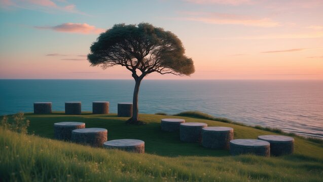 A lone tree on a grassy hill overlooking the ocean during sunset, with round stone seats arranged nearby. - Powered by Adobe