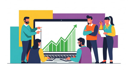 Obraz premium Business team analyzing growth chart on a large screen in modern office, discussing strategy and future success with collaborative and optimistic atmosphere.