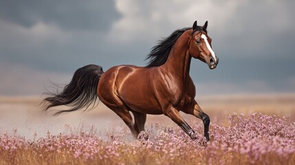 Majestic brown horse galloping through a vibrant field of flowers under dramatic clouds