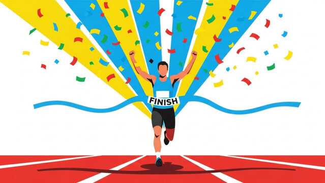 Marathon runner crosses the finish line with arms raised in victory, confetti falling, symbolizing achievement and success in a vibrant and celebratory scene.