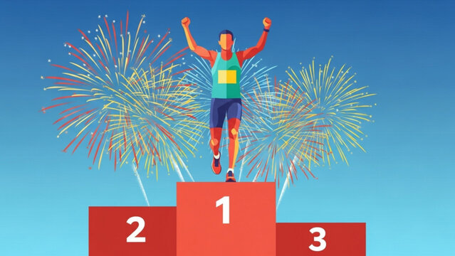Marathon runner celebrates victory on podium with fireworks exploding in the sky, showcasing achievement and triumph with vibrant colors and energy.
