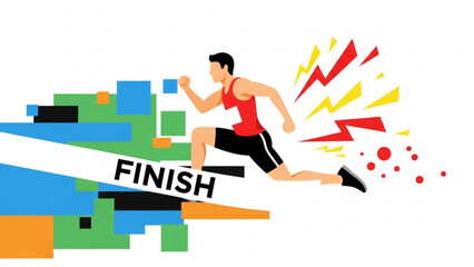 Athlete sprints towards the finish line during a race with abstract shapes and dynamic energy, symbolizing victory and determination.