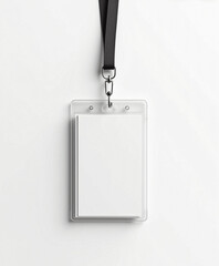 Realistic mockup of a blank employee identification card in a transparent holder with a black lanyard, suitable for event or office access branding