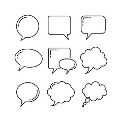 A collection of nine different speech bubble icons, presented in a clean, minimalist black and white line art style.