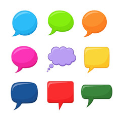 A collection of nine colorful speech bubbles and chat boxes in various shapes and sizes, suitable for communication and dialogue representation.