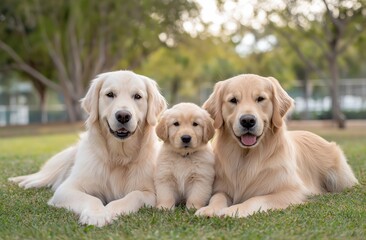 Three golden retrievers, including a puppy, sit together on grass, showcasing their friendly expressions in a tranquil outdoor setting.