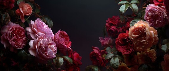 High-resolution hyper-realistic photography with dark background, roses on image sides, flowers on both picture sides, pink and red roses, dark tones, large dark wall, panoramic photograph, wide-angle