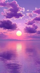A serene pink and purple sunset over a calm body of water, with puffy clouds scattered across the colorful sky. Reflection shimmers in the water below