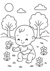coloring book baby reaching out to a butterfly among small garden blooms.