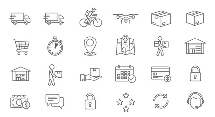 A collection of line art icons representing various aspects of delivery and logistics services, including vehicles, drones, packages, and customer service elements.