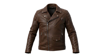 Naklejka premium Classic Brown Leather Biker Jacket Isolated on White Background