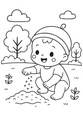 coloring book a baby sowing seeds into a soil mound, learning to plant.