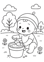 coloring book a baby mixing soil and planting in a pot while wearing a hat.