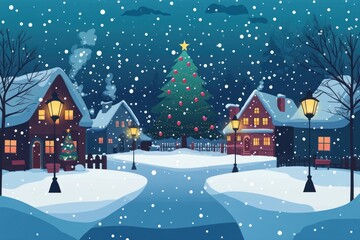 Fototapeta premium Christmas illustration decorated village.