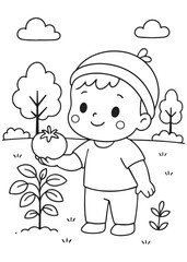 coloring book  of a baby holding a ripe tomato picked from a small garden plant.