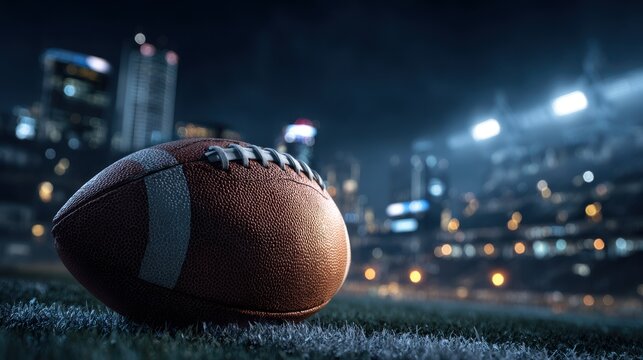 Commercial high-resolution photo of professional football closeup dramatic night game setting with stadium ligsts for nfl draft coverage,sport broadcasting and american football events.
