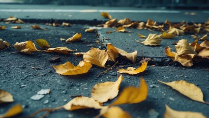 Fallen leaves scattered on a street or sidewalk, captured at close range during autumn.