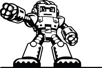 Strong Robot Design with Mechanical Features in Black and White, on White Background