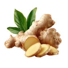 Fresh ginger root with sliced pieces and green leaves on a black background
