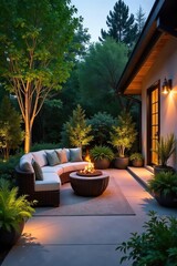 Obraz premium Serene patio oasis with lush greenery, inviting seating, and elegant lighting creates a perfect outdoor retreat Enjoy the tranquil ambiance and sophisticated design , evening, home