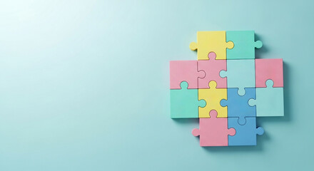 Autism Awareness Puzzle Pieces Connected Together. Colorful Jigsaw Puzzle Symbolic of Autism Spectrum Disorder on Blue Background. Conceptual