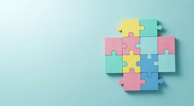 Autism Awareness Puzzle Pieces Connected Together. Colorful Jigsaw Puzzle Symbolic of Autism Spectrum Disorder on Blue Background. Conceptual
