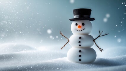 Fototapeta premium A snowman with a black hat, orange nose, and stick arms standing in a snowy landscape. Christmas and winter scene. Festive holiday decoration or winter weather.