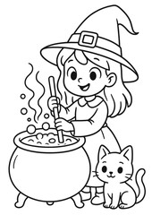 Witch girl brewing potion in magic cauldron with cat, Halloween kids coloring page A4 format vector illustration