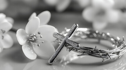 Close-up of a rosary and white flowers.